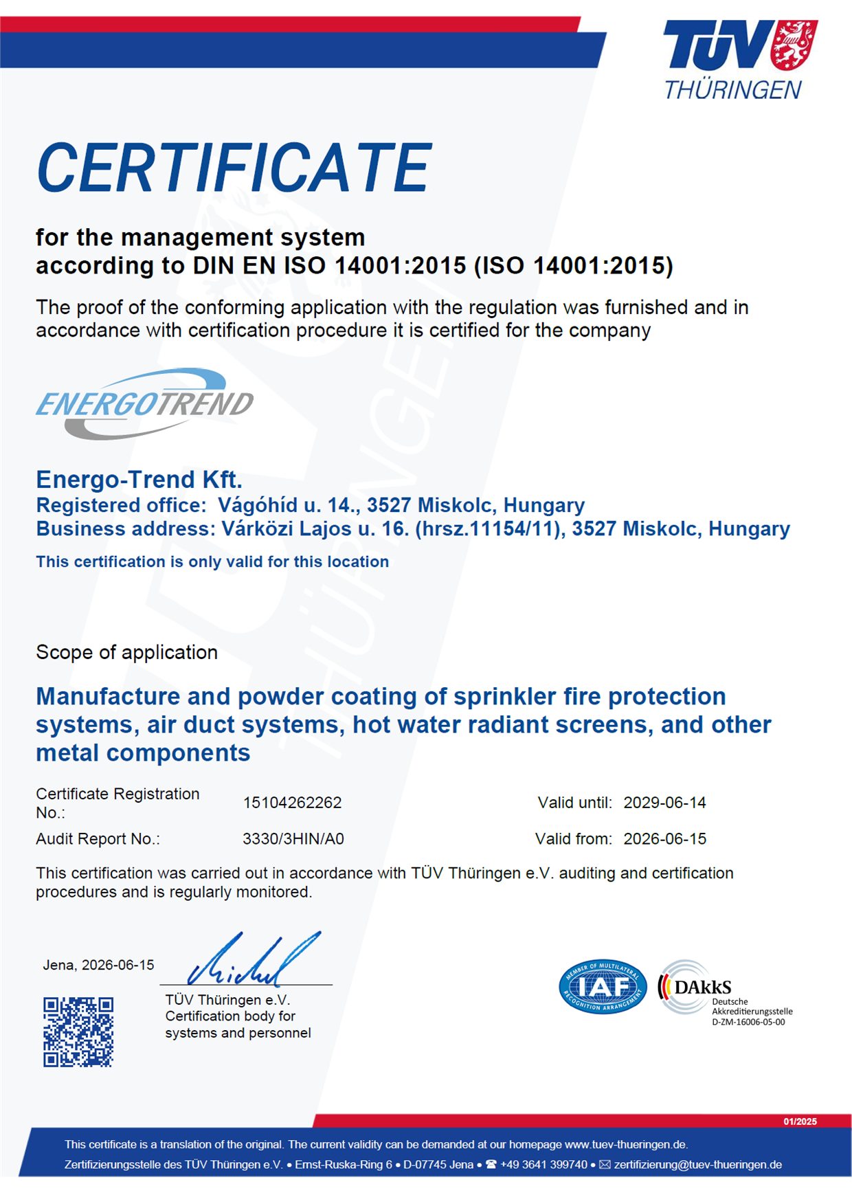DIN EN ISO 14001:2015 certificate – Energo-Trend Kft.