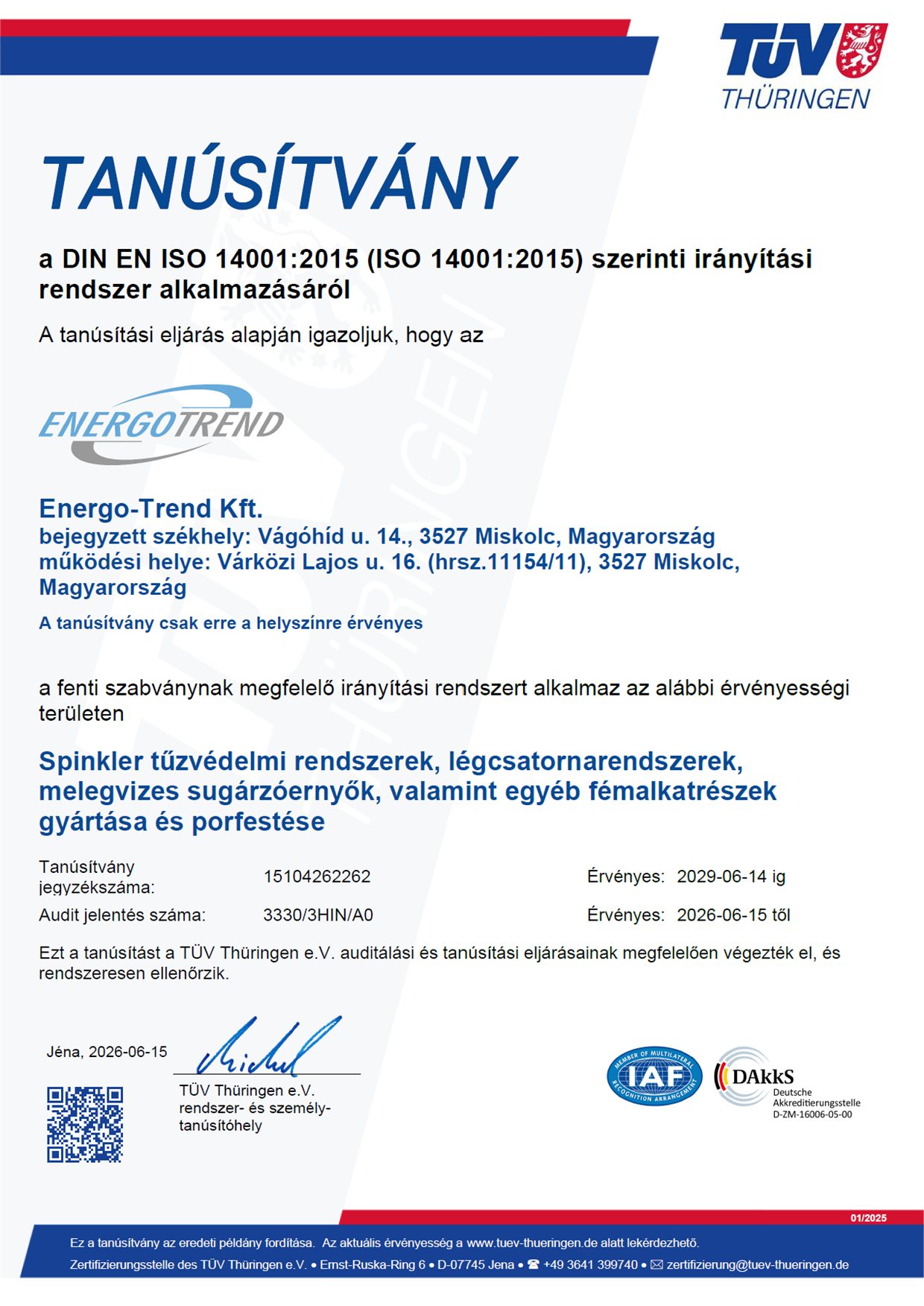 DIN EN ISO 14001:2015 tanúsítvány – Energo-Trend Kft.