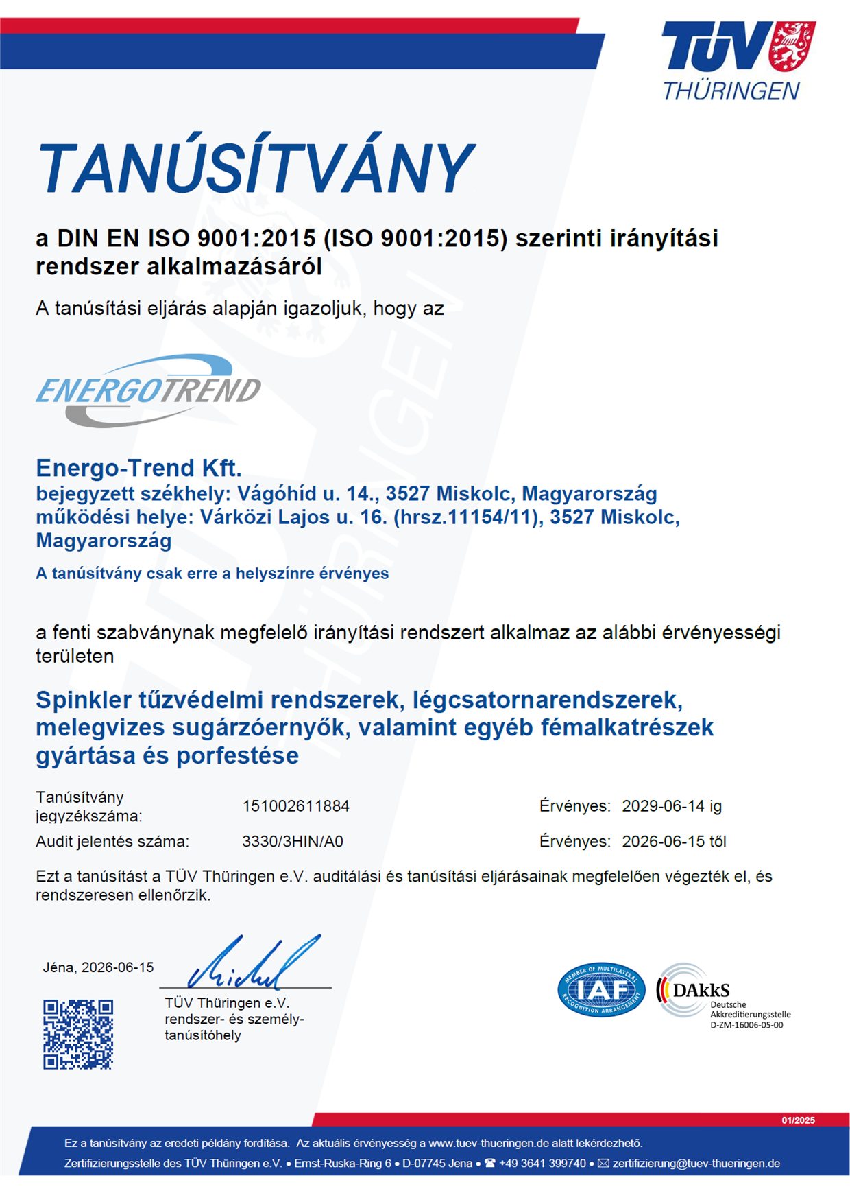 DIN EN ISO 9001:2015 tanúsítvány – Energo-Trend Kft.